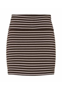 Mini gonna a righe marrone e bianco con un design aderente e una vita alta, realizzata in un tessuto liscio ed elastico.