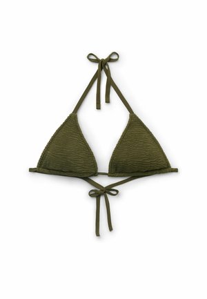 Driehoekige bikini top van olijfgroen, gestructureerde stof met een halternek en strikbandjes aan de achterkant.