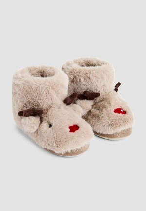 Furry beige reindeer slippers featuring a soft texture, red nose, brown antlers, and a stitched sole design. Ideal for keeping feet warm.