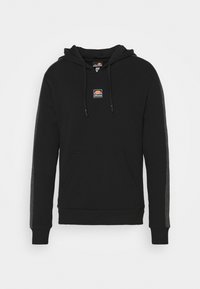 Sweat à capuche noir avec un logo sur la poitrine, doté d'une poche avant et d'accents gris sur les manches. Confectionné dans un matériau doux, mélange de coton.