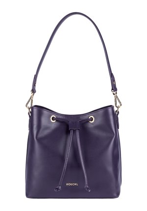 Purple leather bucket bag with adjustable shoulder strap, drawstring closure, and gold-tone hardware, branded "ROECKL" at front center.