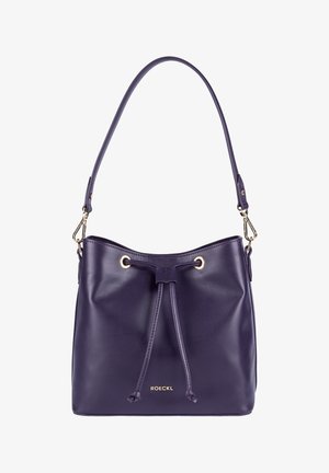 Purple leather bucket bag with adjustable shoulder strap, drawstring closure, and gold-tone hardware, branded "ROECKL" at front center.