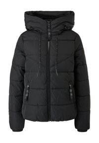 Czarna kurtka puchowa z kapturem, z pikowanym wzorem, z zamkiem błyskawicznym z przodu, zaciąganymi akcentami i dwoma bocznymi kieszeniami.