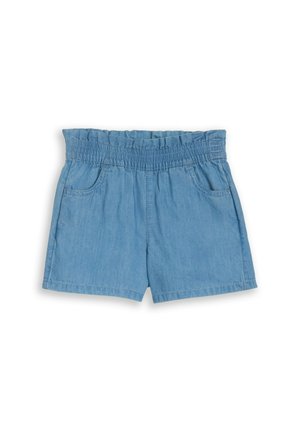 Shorts en denim bleu clair avec taille élastique froncée et poches avant, conçus pour un usage décontracté.