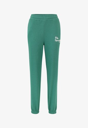 Green, lightweight sweatpants with an elastic waistband and cuffed ankles. Features "Fila Sports" logo in white on the side.