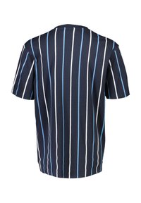 Marineblauw T-shirt met horizontale strepen in lichtblauw en wit. Heeft een klassieke ronde hals en korte mouwen. Gemaakt van zacht katoen.