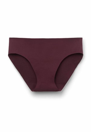 Burgundyröda bomullsstring med en sömlös design, som erbjuder måttlig täckning och en mjuk textur. Inga synliga detaljer eller mönster.