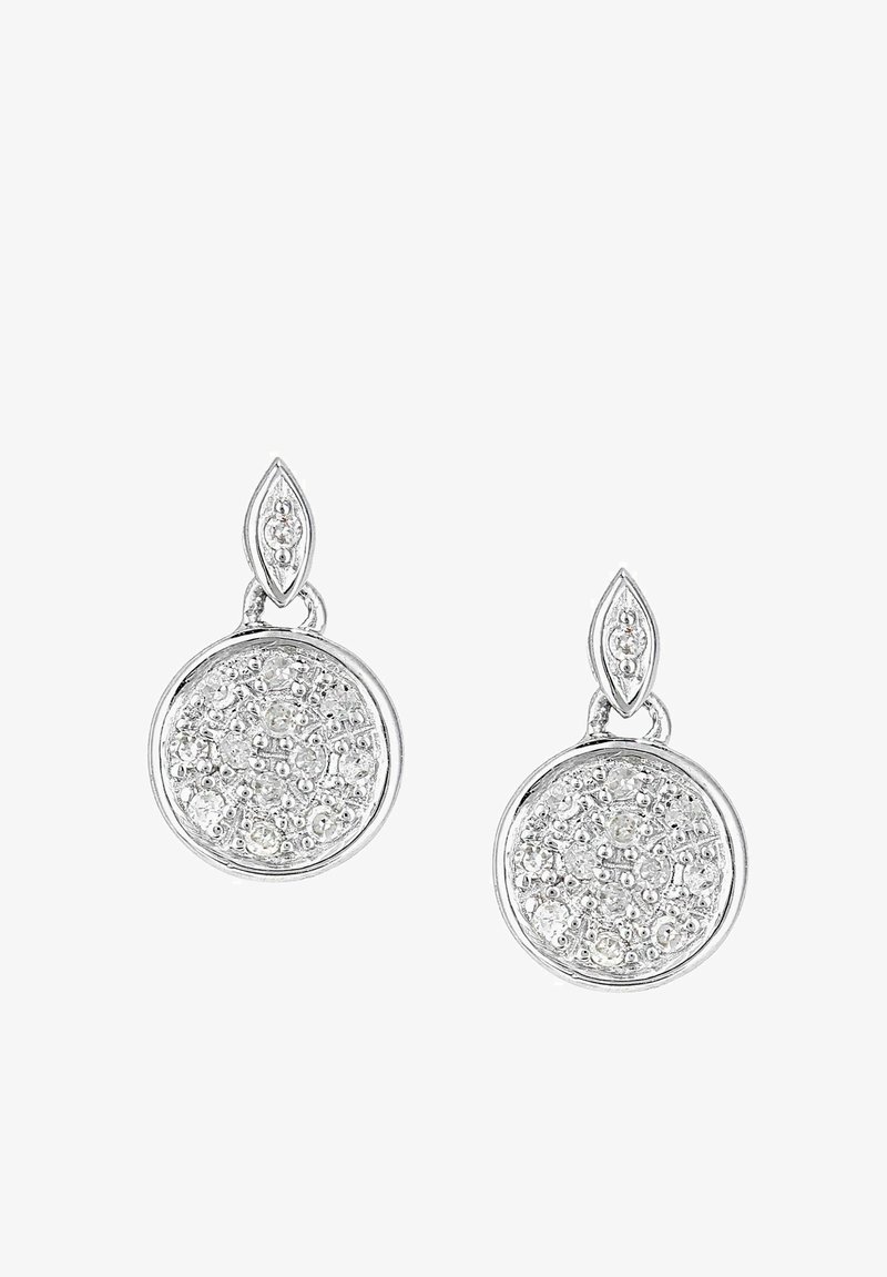 Pendientes colgantes de plata con diseños circulares texturizados que cuentan con múltiples piedras brillantes y un adorno superior en forma de marquesa.