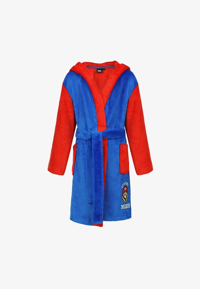 Blue and red bathrobe in soft plush fabric features a hood, waist tie, and two pockets. Embroidered "It's-a me, Mario" logo on the front.