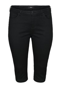 Mustad põlveni ulatuvad naiste kitsad lühikesed püksid, millel on nööp- ja luku sulgemine, vööaugud ja ees taskud.