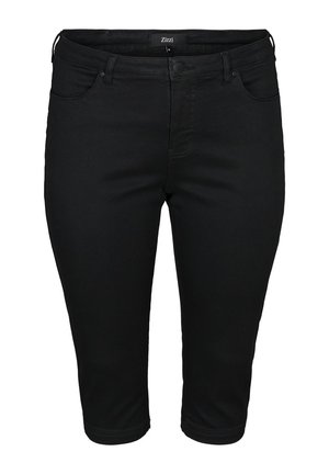 Crne ženske tajice uskog kroja do koljena s kopčanjem na dugme i patentni zatvarač, omčama za remen i prednjim džepovima.