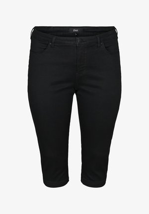 Crne ženske tajice uskog kroja do koljena s kopčanjem na dugme i patentni zatvarač, omčama za remen i prednjim džepovima.