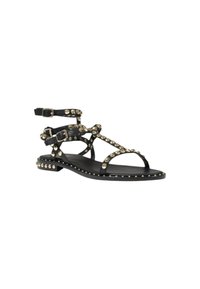 Zwarte platte sandalen met gestifte accenten, voorzien van meerdere verstelbare banden en een minimalistisch design. Geweven materiaal met een gladde zool.
