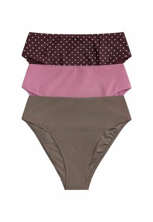 Drei Damen-Slips mit hohem Schnitt in braun einfarbig, rosa gerippt und dunkelbraun mit weißen Punkten, vertikal gestapelt.