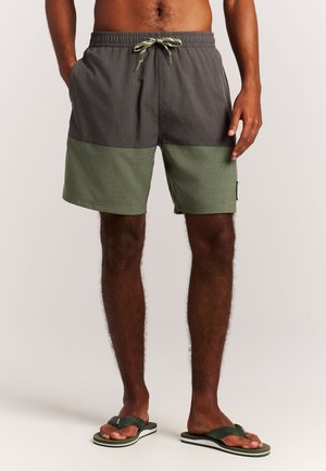 Herren-Badeshorts mit grauem Oberteil und grünem Unterteil, mit elastischem Bund und Kordelzug. Glatte Textur, praktische Seitentaschen.