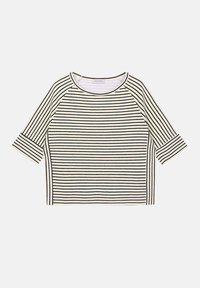 Striped top with a round neckline and three-quarter sleeves. Features thin black stripes on a cream background. Soft fabric texture.