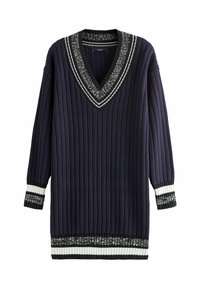 Rochie tricotată navy, cu nervuri, cu decolteu în V, având accente în dungi alb-negru pe manșete și tiv. Mâneci lungi și croială lejeră.