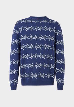 Laivastonsininen neulepusero, jossa on valkoinen neulottu piikkilankakuvio. Pyöreä pääntie ja resorit hihansuissa. Valmistettu pehmeästä, teksturoidusta kankaasta.