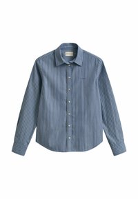 Blau gestreiftes Langarmhemd aus Baumwolle. Verfügt über eine durchgehende Knopfleiste, einen Standardkragen und ein kleines Logo auf der Brust.