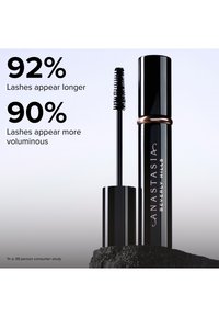 Zwarte mascara tube en applicator op een donkere steen met tekst waarin staat dat 92% zegt dat de wimpers langer lijken en 90% zegt dat de wimpers voller lijken.