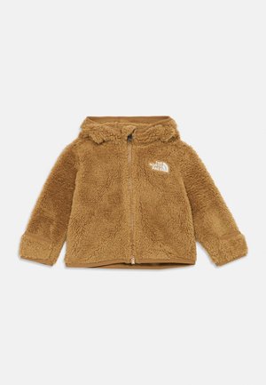 Beige Fleece-Jacke mit Reißverschluss, Kapuze und Logodetail. Hat eine strukturierte Außenseite und ein weiches Innenfutter. Rippbündchen runden das Design ab.