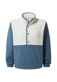 Two-tone fleece pullover with white upper and blue lower sections, snap button placket, standing collar, side pockets, and TOG24 logo on chest.