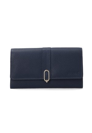 Navy leather wallet with a pebbled texture, rectangular shape, flap closure, and metal hardware accenting the front.