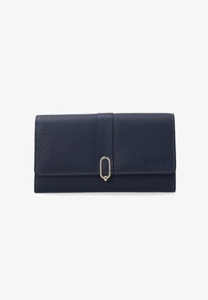 Navy leather wallet with a pebbled texture, rectangular shape, flap closure, and metal hardware accenting the front.