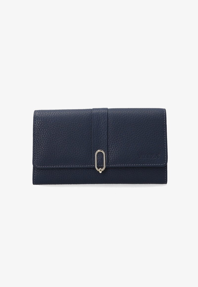 Navy leather wallet with a pebbled texture, rectangular shape, flap closure, and metal hardware accenting the front.