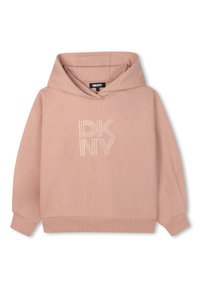 Sweatshirt rose clair avec capuche, arborant un logo "DKNY" texturé en blanc. Fabriqué en coton doux, il possède des poignets et un ourlet côtelés.