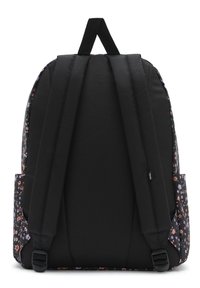 Mochila de tela negra con patrón floral en los laterales. Cuenta con correas acolchadas, un asa superior y bolsillos laterales. Material duradero y diseño ligero.