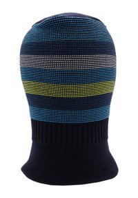 Knitted beanie with horizontal stripes in blue, grey, green, and navy. Features a ribbed cuff and smooth texture.