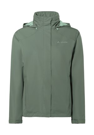 Giacca impermeabile verde chiaro con chiusura a zip frontale, cappuccio regolabile e dettaglio del logo. Tessuto liscio con una finitura semi-opaca.