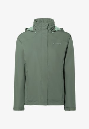 Giacca impermeabile verde chiaro con chiusura a zip frontale, cappuccio regolabile e dettaglio del logo. Tessuto liscio con una finitura semi-opaca.