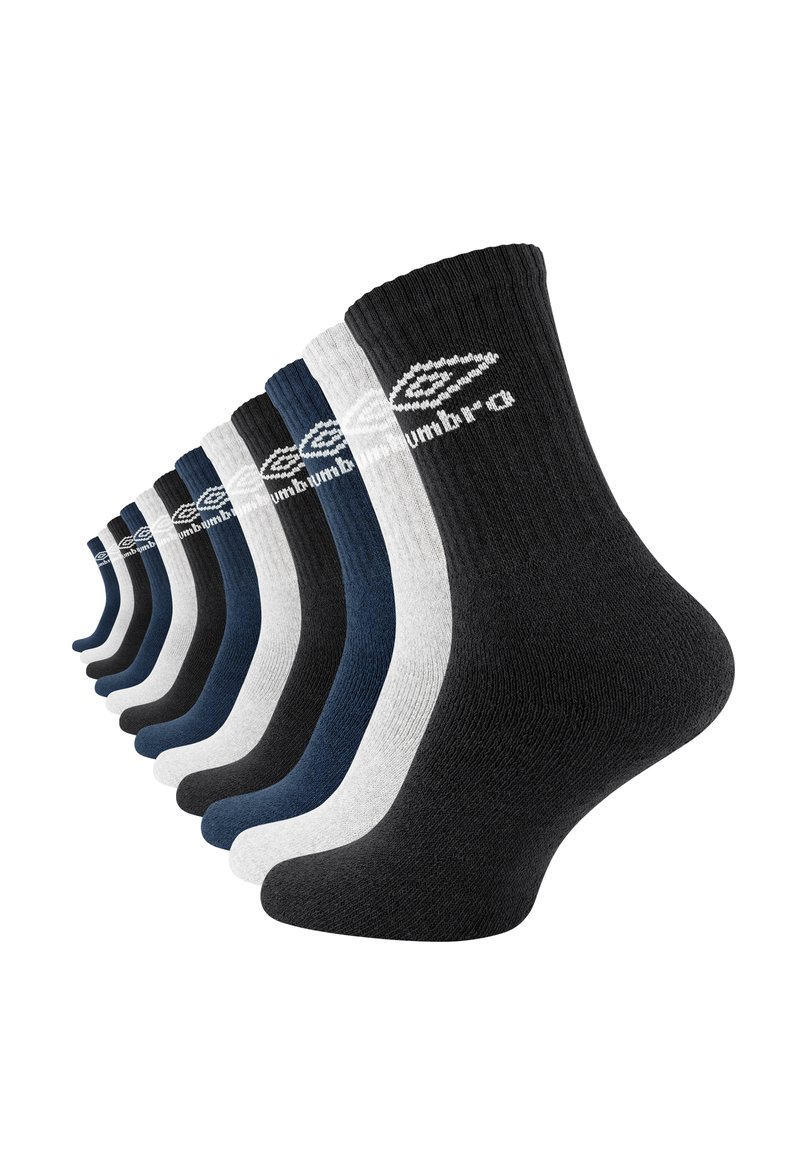 Confezione di sei calzini di cotone in nero, blu navy, grigio e bianco, con polsini a coste e un logo di lato. Design di lunghezza media.