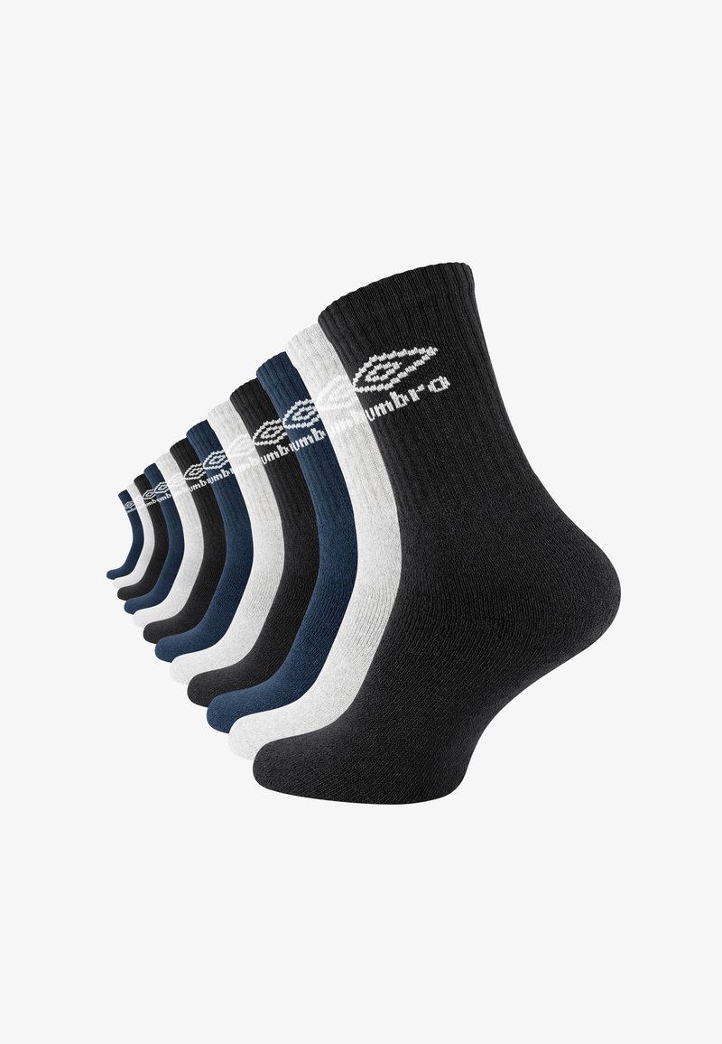 Confezione di sei calzini di cotone in nero, blu navy, grigio e bianco, con polsini a coste e un logo di lato. Design di lunghezza media.