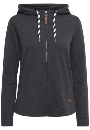 Dark grey zip-up hoodie made of soft fabric, featuring a front zipper, contrasting black and white drawstrings, and a small brown logo patch.