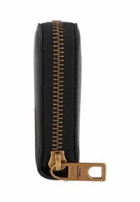 Portafoglio in pelle nera con una zip bronzea prominente che corre lungo il lato. Presenta una forma rettangolare elegante e una finitura testurizzata.