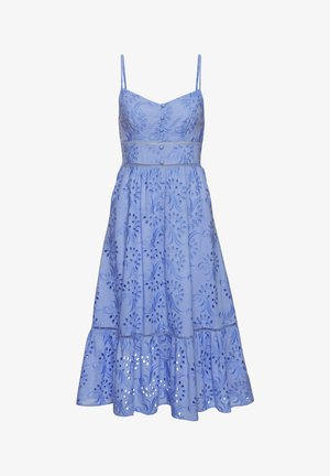 Light blue cotton dress featuring spaghetti straps, embroidered floral patterns, lace cutouts, and a ruffled hemline.