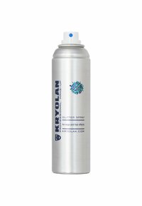 Silberner Aluminiumsprühkanister mit einer blauen Sprühdüse, beschriftet mit "KRYOLAN PROFESSIONAL MAKE-UP GLUTTER SPRAY" für Perücken und Haareffekte.
