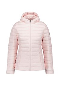 Lichtroze donsjack met capuchon, doorgestikt design, ritssluiting aan de voorkant en zijzakken; gladde textuur en getailleerde pasvorm.