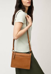 Brun läder crossbody-väska med en rektangulär form, justerbar rem, dragkedjestängning och slät yta, bärs över en ljusgrön topp.