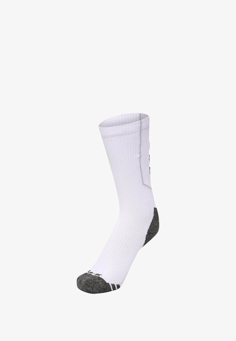 White athletic sock with ribbed texture, gray heel and toe accents, and a reinforced toe area. Features a logo on the side.