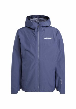 Veste imperméable bleu marine avec capuche, fermeture éclair à l'avant et logo "TERREX". Dotée de poignets élastiques et d'une texture légère et lisse.