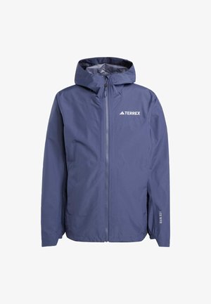 Navy blue waterproof jacket with a hood, front zipper, and "TERREX" logo. Features elastic cuffs and a lightweight, smooth texture.