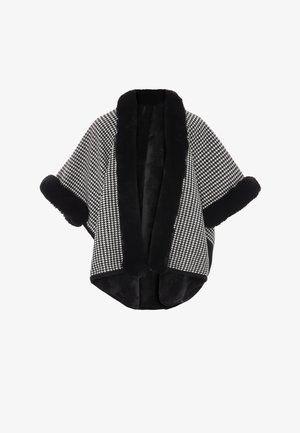 Sort og hvidt hundetand mønstrede omslag med en sort faux fur krave og manchetter, som har en åben front og korte ærmer.