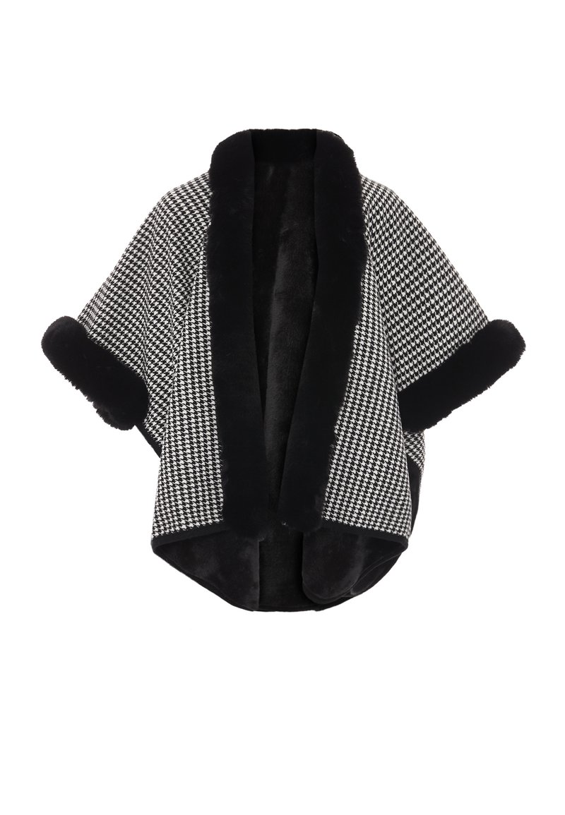 Sort og hvidt hundetand mønstrede omslag med en sort faux fur krave og manchetter, som har en åben front og korte ærmer.