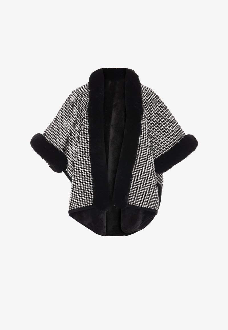 Sort og hvidt hundetand mønstrede omslag med en sort faux fur krave og manchetter, som har en åben front og korte ærmer.