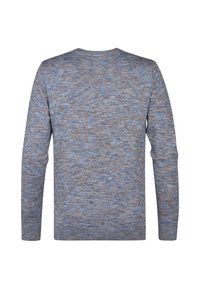 Vista trasera de un suéter de cuello redondo de manga larga con un patrón de punto jaspeado en azul y gris.