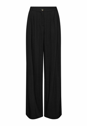 Pantaloni neri a gamba larga con pieghe, chiusura frontale con bottone e texture liscia. Il design presenta un vita alta per una vestibilità comoda.